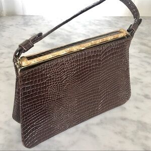 Vintage “After Five” evening handbag (dark brown faux croc with gold tone trim)